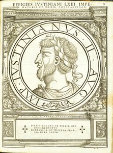 Iustinianus II, illustration from Imperatorum Romanorum Omnium Orientalium et Occidentalium Verissimae Imagines ex Antiquis Numismatis